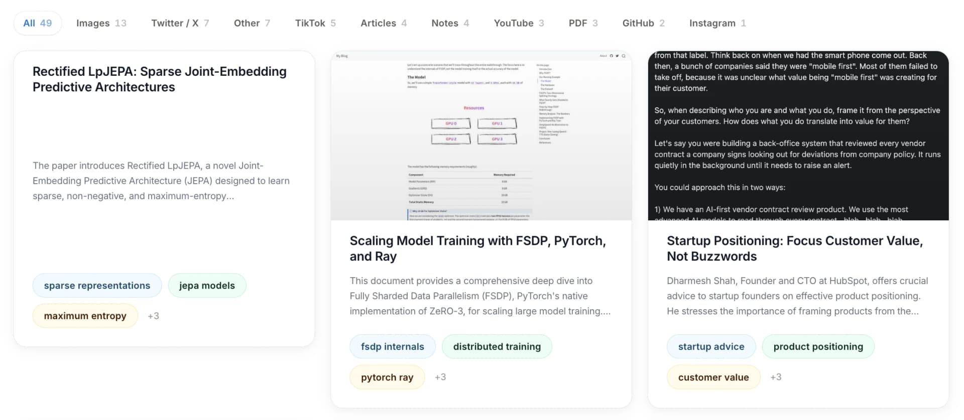 Saved items in a Timeln library, filtered by source: images, X, TikTok, articles, notes, YouTube, PDF, GitHub and Instagram