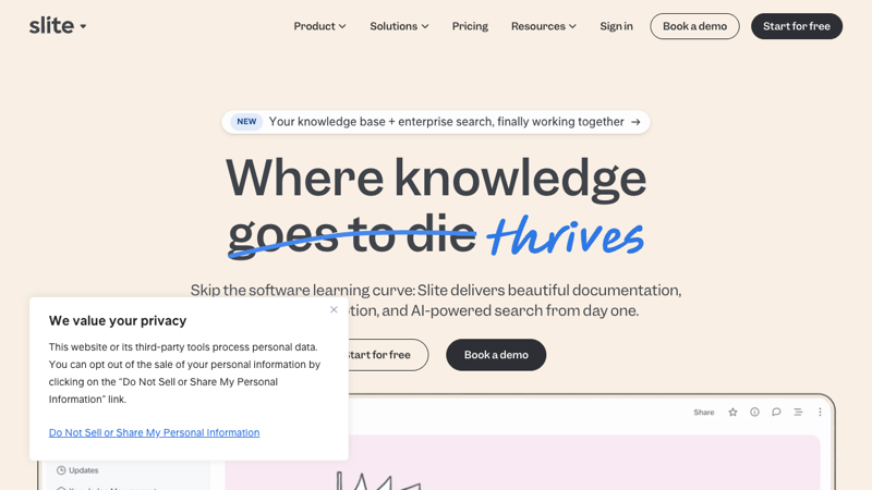 Slite — AI knowledge base homepage